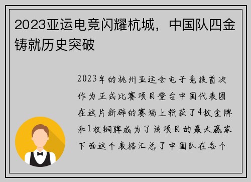2023亚运电竞闪耀杭城，中国队四金铸就历史突破